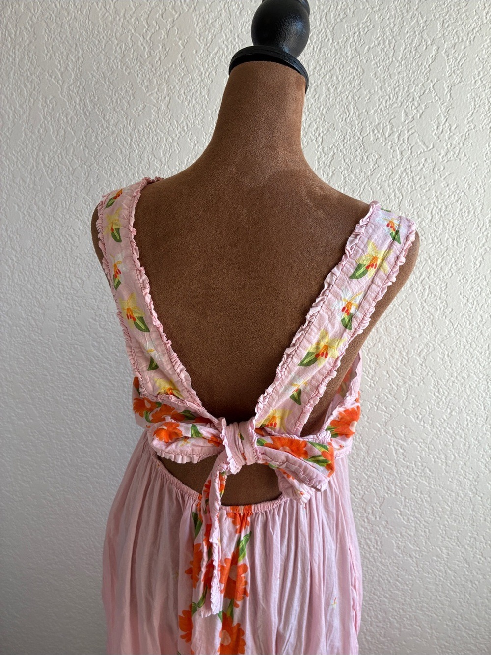 Farm Rio Papaya Salad Maxi Dress Pink Floral Button Front Back Bow M - Picture 7 of 12